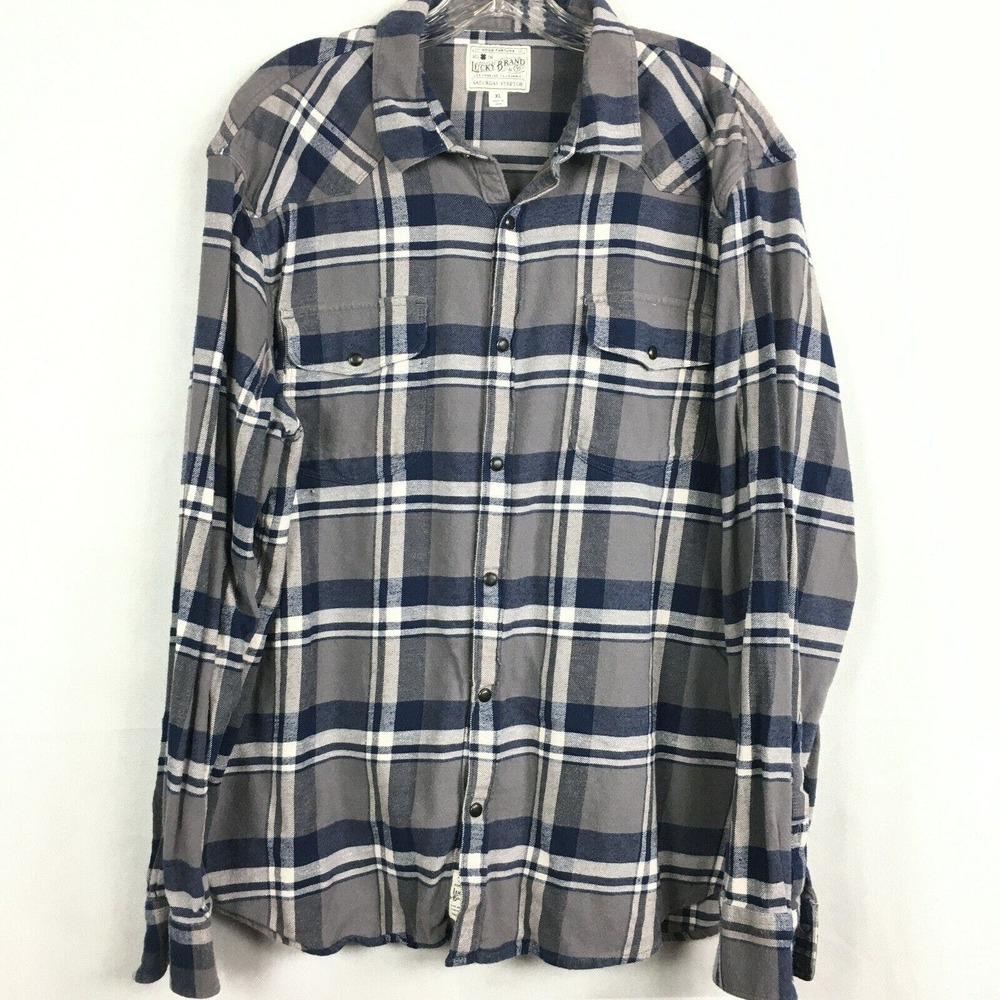 VTG Lucky Brand Shirt Men Sz XL Gray Blue Plaid Saturday Stretch Snap Up Flannel